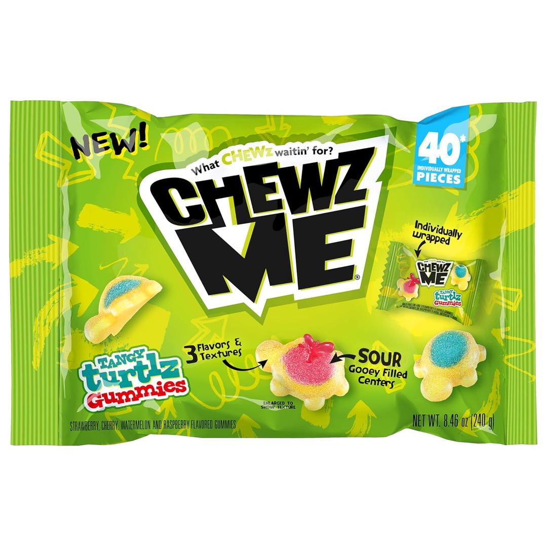 ChewzMe Tangy Turtlz Gummies, Individually Wrapped Turtle Shaped Jelly-Filled Gummy and Chewy Candy in Assorted Flavors, 8.46 Ounce (Pack of 1)