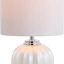 JONATHAN Y 17.5" White/Chrome Glass Table Lamp, Modern Crystal Bedside Lamp for Bedroom Living Room Nightstand, Glam Ribbed Accent Lamp, White Faux Silk Shade, LED Bulb JYL2076A