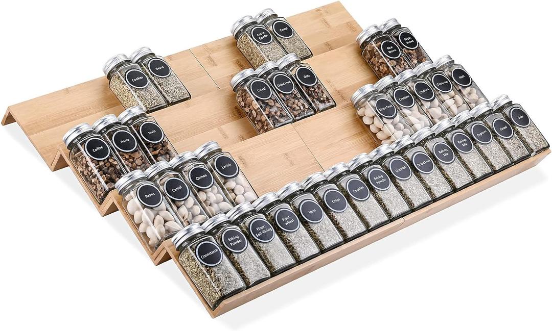 Bamboo Spice Rack Tray - Spice Drawer Organizer for Kitchen Cabinets Storage and Organization (Jars Not Included)