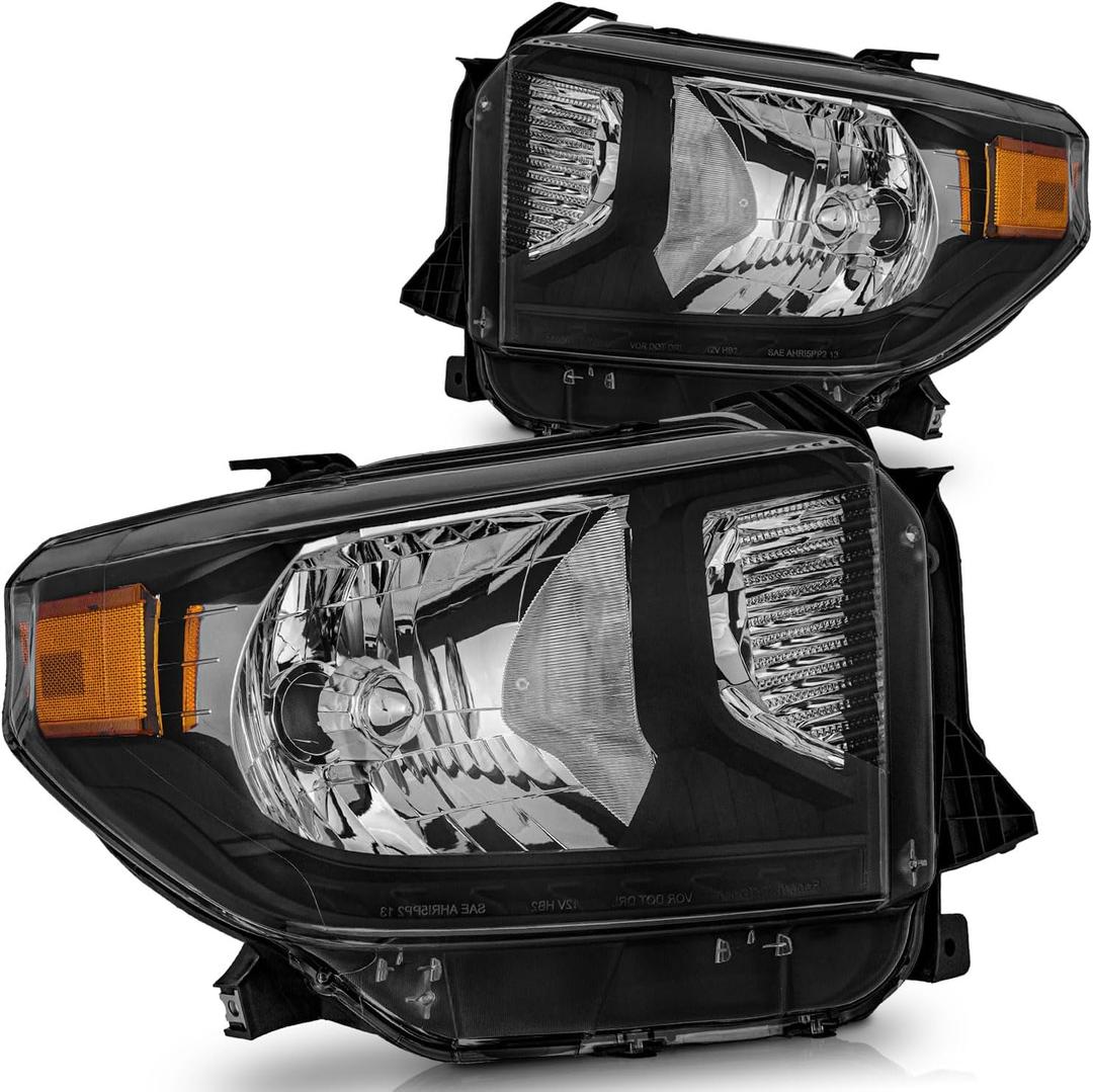 Headlights Assembly Compatible with 2014-2021 Toyota Tundra, Not For Models W/Adjustable Headlight Leveling Dial/Buttons *Not Compatible* w/Factory LED DRL Models Black Housing (OE Style Replacement, Clear Lens I Black Housing I Amber Reflector)