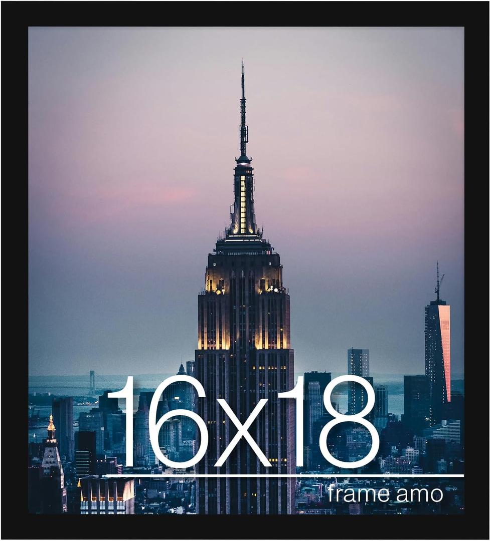 Frame Amo 16x18 Black Modern Picture or Poster Frame, 1 inch Wide Border, Smooth Wrap Finish, Acrylic Face