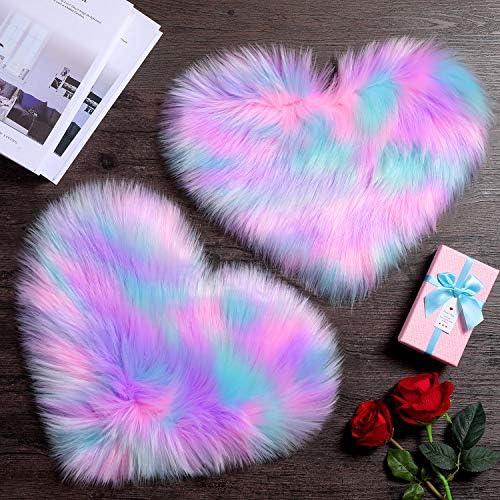 Mudder 2 Pcs Faux Fur Rug, Heart Shaped Rugs, Fluffy Decorative Mat for Room Home Chair Side, Desk Feet, Nursery, Photo Background & Valentine Decor, 12 x 16 Inch(Pink, Purple, Green)