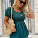 Womens 2025 Summer Puff Short Sleeve Babydoll Tops, New Blue Green (XXL)