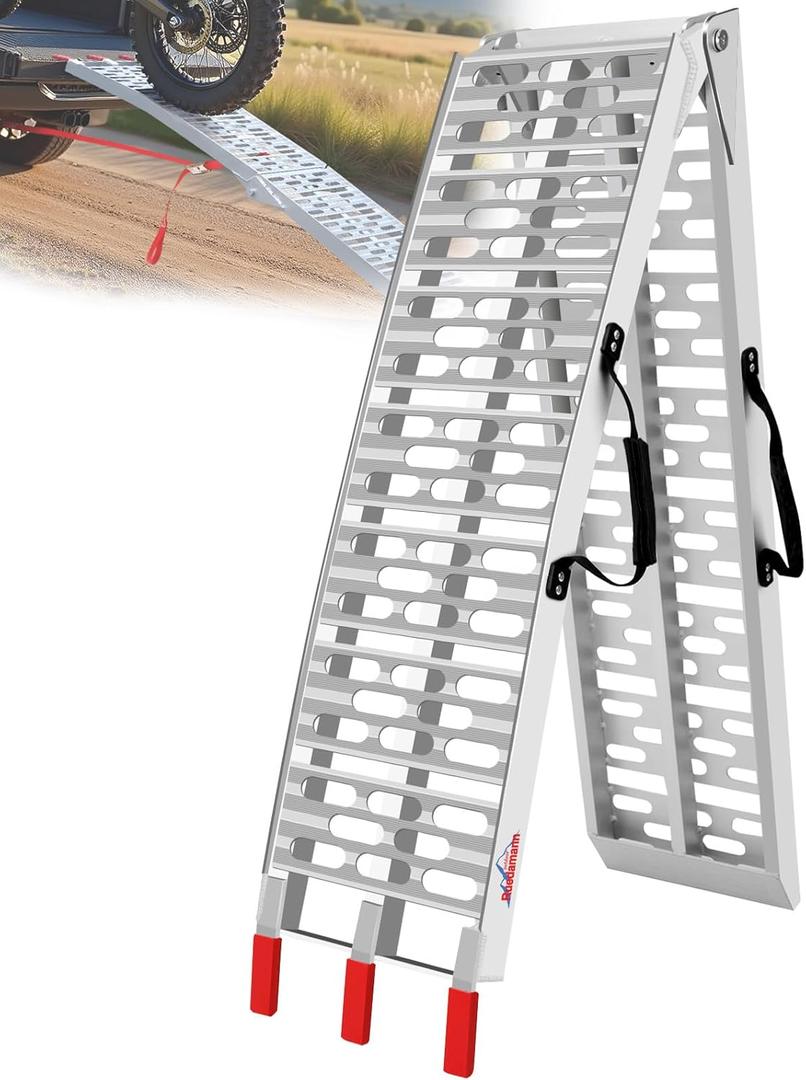 Ruedamann 7.5FT Aluminum Motorcycle Ramp, 750 lbs Capacity, Folding Truck Ramp for ATV, Motorcycle, Lawn Mower, Dirt Bike, Ribbed Plate Traction, Rubber-Tipped Fingers, Load Straps Included, 1 PC