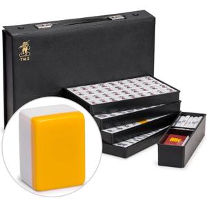 Yellow Mountain Imports Japanese Riichi Mahjong Set - White and Yellow Standard Size Tiles - with East Wind Tile and Black Vinyl Case