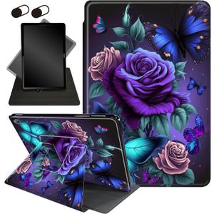 Case for All-New Amazon Fire Max 11 Tablet (13th Generation, 2023 Release), 360 Degree Rotating Stand Smart Protective Cover Case, for Fire Max 11 2023 (13th Generation), Blue Pink Roses Butterfly
