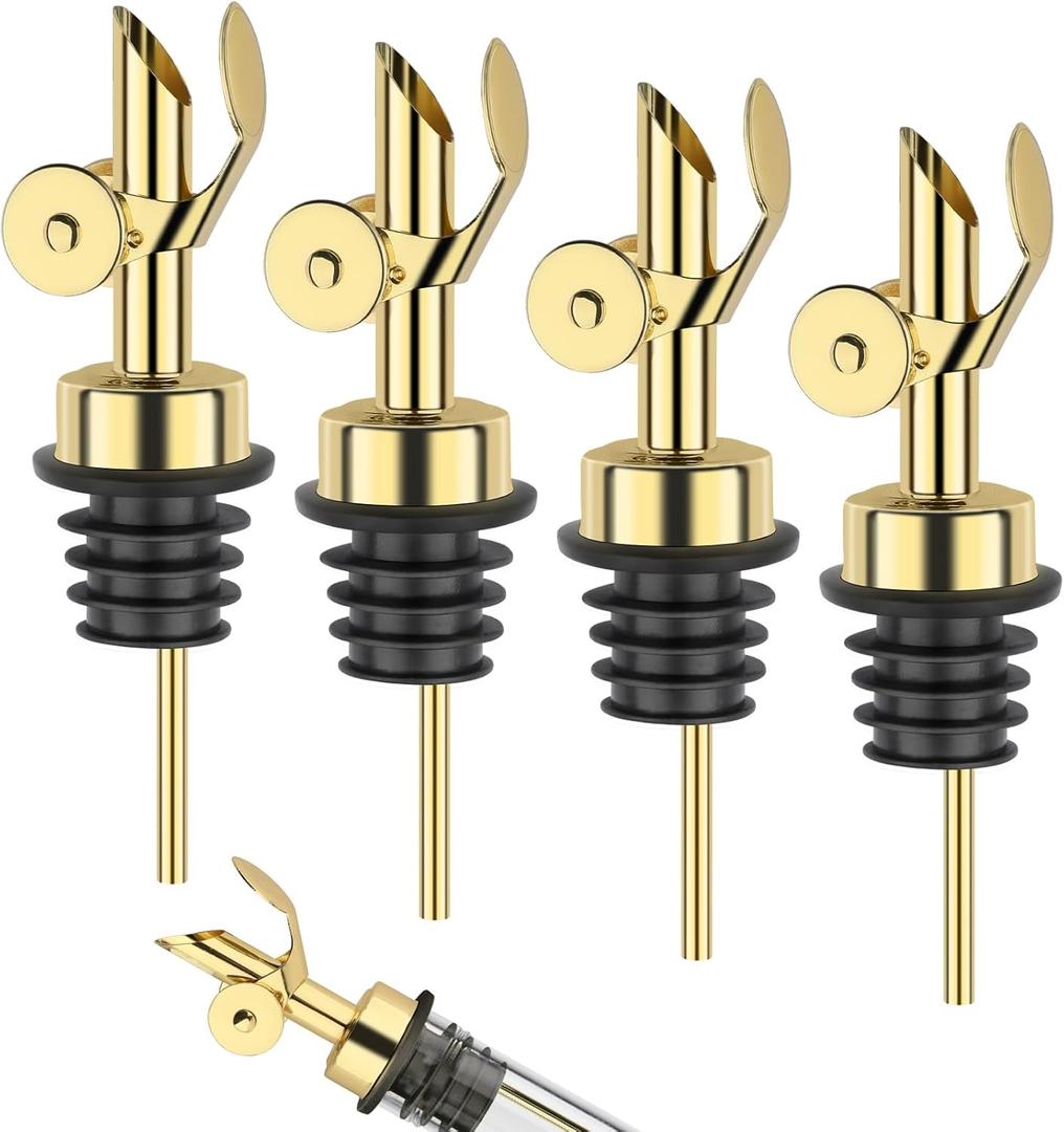 Weighted Stainless Steel Pourers, 4 Pcs Auto Flip Olive Oil Dispenser Spout, Balsamic Vinegar Alcohol Pourer Spouts, Liquor Bottle Pourers with Silicone Funnel, Gold Oil Dispenser for Kitchen
