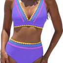popvil High Waisted Bikini Set for Women Two Piece Tummy Control Swimsuit Color Block Bathing Suit Beach Vacation 2026 (Purple, L)