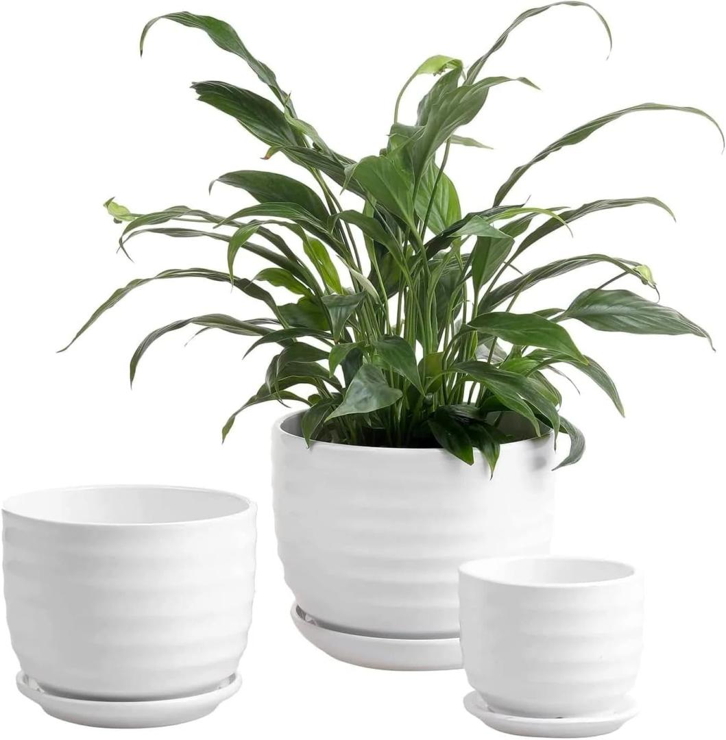 MyGift White Ceramic Pots for Plants, 6.7+5.3+3.9 inch Flower Planters, Succulent Pots Indoor with Drainage Holes and Tray, Set of 3