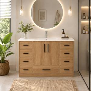KEIKI 48" Bathroom Vanity w/Sink, Modern Bathroom Cabinet, 2 Soft-Close Doors, 6 Spacious Drawers, Center Cabinet for Tall Items, Wide Countertop, Family-Friendly Bathroom Furniture, Light Oak