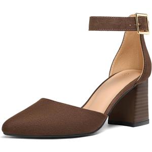 mysoft Women's Pointed Toe Low Chunky Heels Closed Toe Ankle Strap Dress Pump Shoes - 9.5, Brown Suede