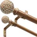 Double Curtain Rods for Windows, Boho Dual Curtain Rods with Decorative Handmade Wood Grain Leaf Finials, 1" Adjustable Heavy Duty Rustic Spliced Metal Window Treatment Rods 36 to 72 inch