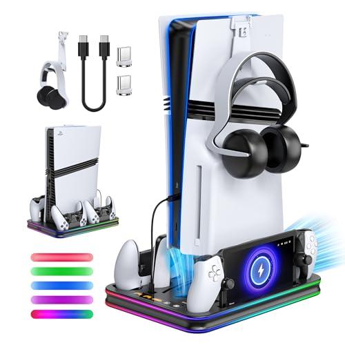 All in One Cooling Stand & Charger Station for PS5/Slim/Pro Console and Controller Charing Dock, Charging Stand for PlayStation Portal, Headset and Remote Holder with RGB Light Stand (Black)