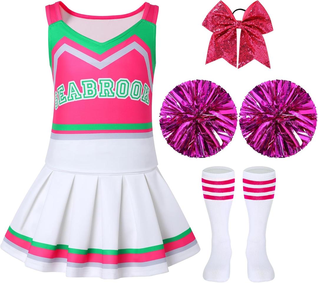 Cheerleader Costume for Girls Cheerleading Outfits Kids Movie Halloween Dress Up Cosplay with Pom Bowtie Stocking (5-6Y/120, Pink)