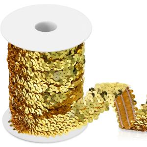 Chuangdi 11 Yard 1 Inch Elastic Sequins Trim 3 Row Flat Glitter Sequin Bling Fabric Paillette Ribbon Trim Metallic Stretch Crafts Elastic Lace for Dress Embellish(Gold)