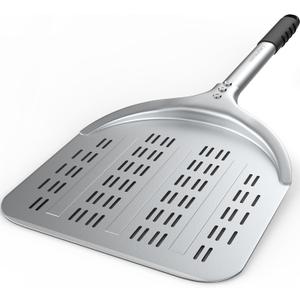Pizza Peel  12'' Aluminum Perforated Launch Placement Retrieving Peel  Metal Hanging Hook  Lightweight Turning Peel  Non-stick Pizza Paddle  Outdoor Pizza Oven Accessories