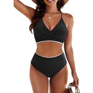 Blooming Jelly Womens Twist High Waisted Bikini Sets Plaid Retro Modest Swimsuits Adjustable 2 Piece Bathing Suits (Medium, Black)