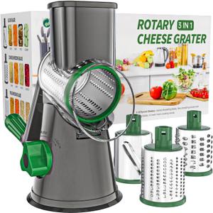 Cambom Rotary Cheese Grater Hand Crank Cheese Shredder for Fresh Cheese, Vegetable, Nuts,Non-slip Suction Base, Free Cleaning Brush Three Blades, Grey and Green
