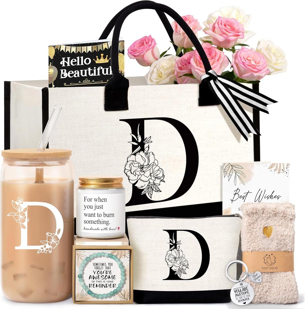 Birthday Gifts for Women, Monogrammed Initial Gift for Teacher Wife Mom, Tote Bag