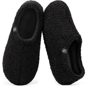 HomeTop Women's Fuzzy Curly Fur Memory Foam Loafer Slippers with Polar Fleece Lining (5-6, Black)