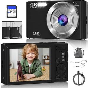 Digital Camera, FHD 4K 44MP Digital Camera, 16X Digital Zoom, Digital Point and Shoot Camera with 3-LED Fill Lights, 64GB SD Card, Compact Camera for Kids Teen Boys Girls, Black