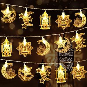 Hiboom 2 Pack 16 ft Moon Star Ramadan String Lights 30 LEDs, Battery Operated Eid Mubarak Fairy Lights for Ramadan Decoration Eid Decorative Lights (Warm White)