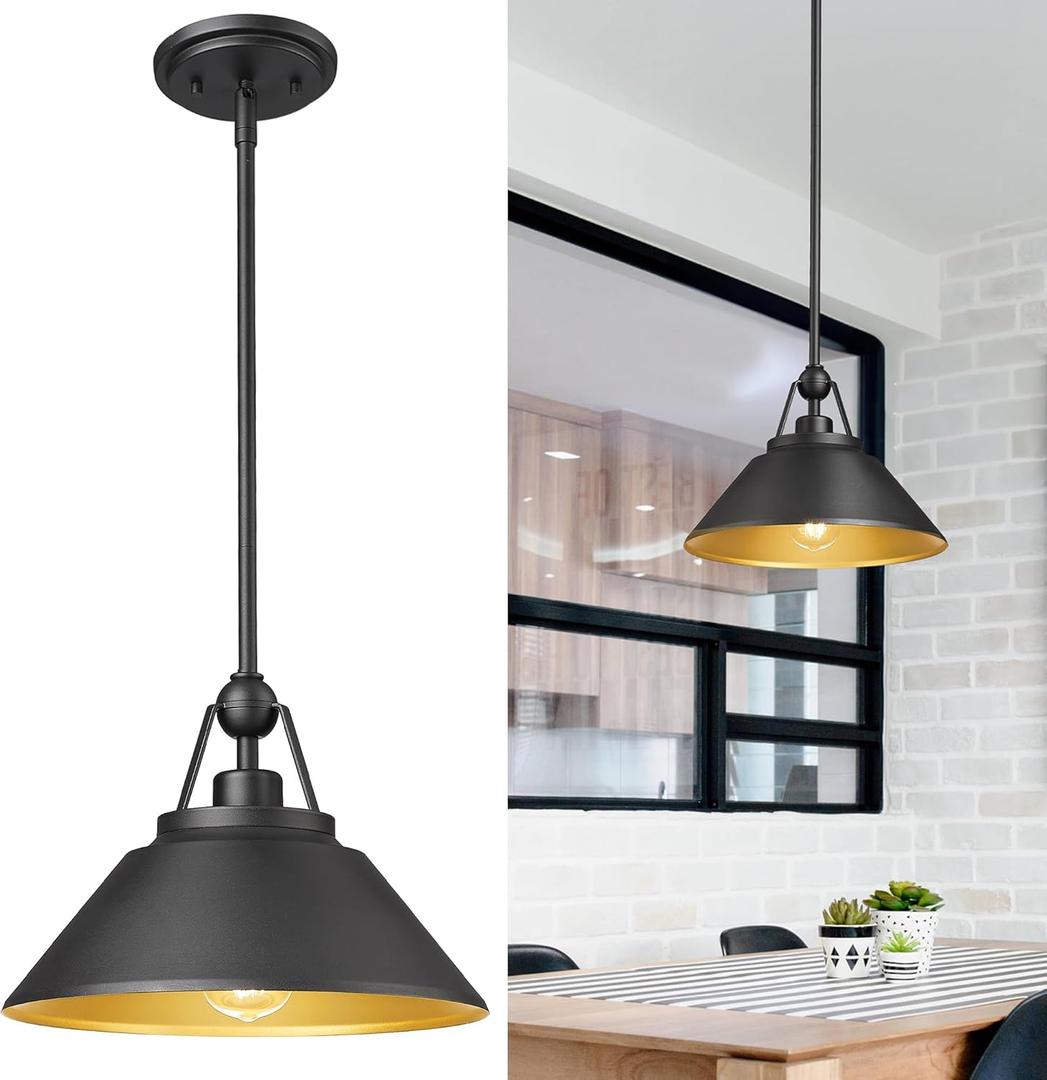 Barn Pendant Light Fixture, HWH 1-Light Hanging Lighting 12-Inch, Industrial Pendant Lights for Kitchen Island Farmhouse Dinning Room, Black and Gold Finish, 5HYS89MIL BK (Black + Metal Shade)