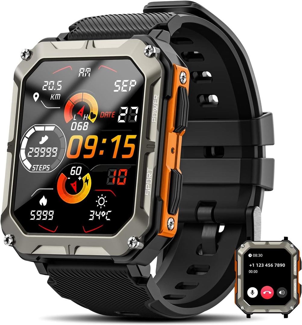 Military Smart Watch for Men(Answer/Make Call), 10 ATM Waterproof Outdoor Sports Fitness Tracker with/Blood Pressure/Heart Rate/Sleep Monitor, Rugged Tactical Smartwatch for Android & iPhone(2 Bands) (Orange + Camo)