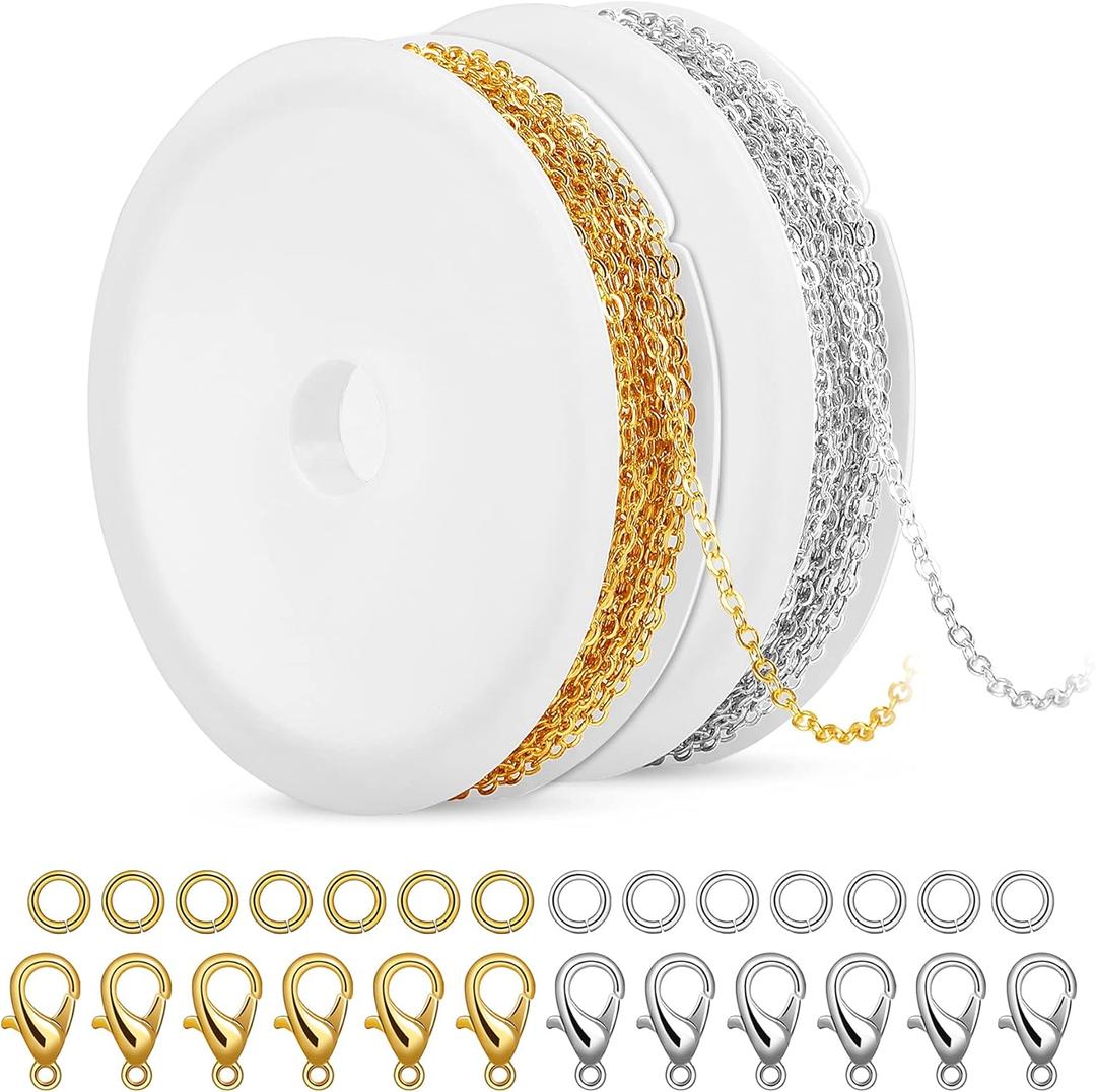 SANNIX 20 Feet Necklace Chains 1.8mm Jewelry Making Chains for Necklace Earring Bracelet Jewelry Making Supplies, Metal Chain Necklace with Lobster Clasps and Jump Rings for DIY Craft, Silver & Gold