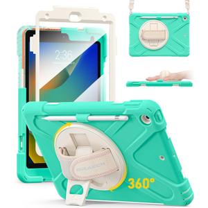 BRAECN for iPad 9th/8th/7th Generation Case, Heavy Duty Shockproof Case with Screen Protector, Pencil Holder, Pencil Cap Holder, Hand Strap, Kickstand, Shoulder Strap for iPad 10.2 Inch 2021/2020/2019 (Mint Green)