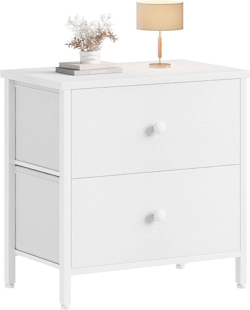 BOLUO White Nightstand 2 Drawer for Bedroom,Small Night Stand with Fabric Drawers End Table Modern (Medium 1 pc)