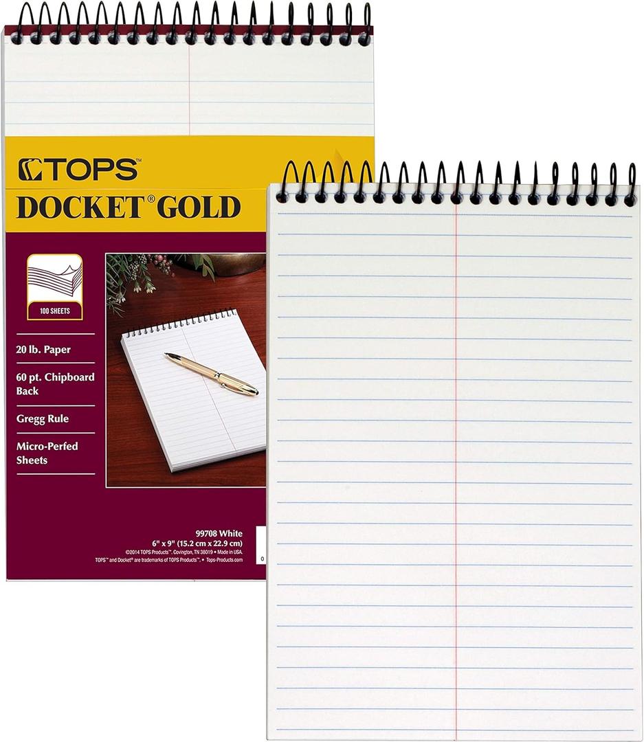 Tops Docket Gold Steno Book, 6" x 9", Gregg Rule, Clear Poly Cover, 100 Sheets (99708)