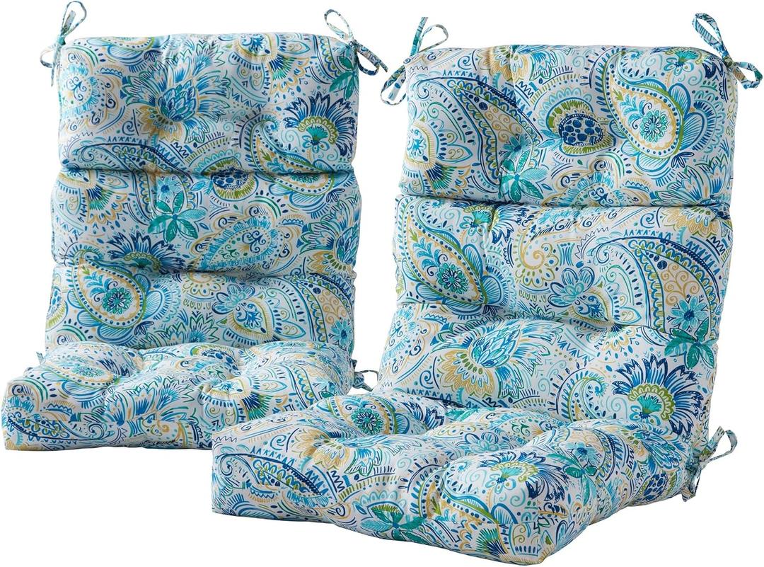 Outdoor Tufted High-Back Chair Cushions, One-Piece Hinged Seat and Back Design, Reversible with 4 Ties, Durable Polyester Fabric, Recycled Fiber Fill - Set of 2, Baltic Paisley