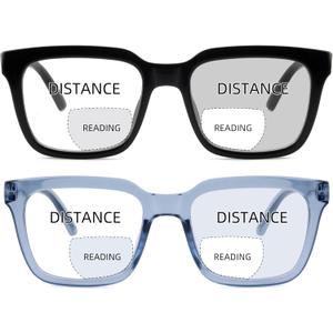 2 Pack Bifocal Reading Glasses for Women Men Oversized Clear Top Bi-focal Readers Progressive Dual-focus Glasses (Black & Blue)