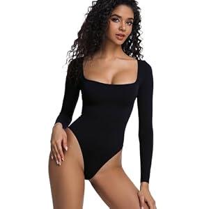 Yuiseaik Women's Square Neck Long Sleeve Bodysuit, Slim Fit One-Piece Top, Black White Beige (Black, XL)