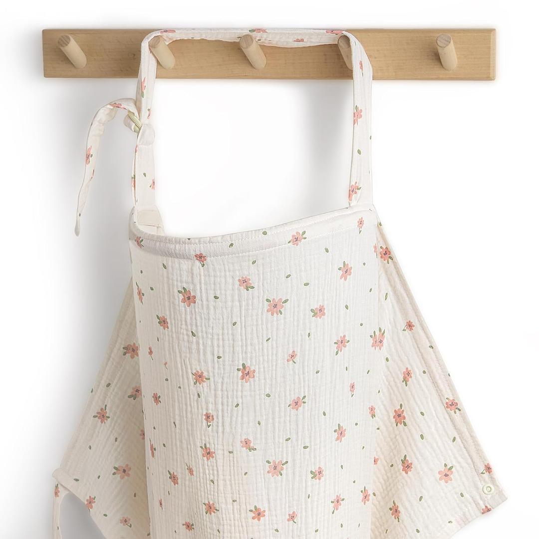 Blissful Diary Muslin Nursing Cover for Breastfeeding, Breathable Breastfeeding Cover up with Arch Neckline for Women, Nursing Apron (Pink Floral)