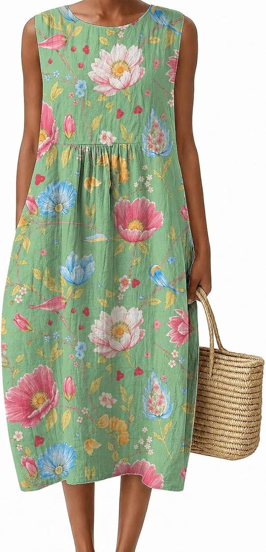 LOVESHOOT Womens Midi Dresses Summer Casual Sleeveless Crew Neck Floral A Line Sundress Boho Flowy Loose Dress (L)