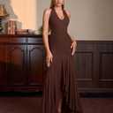 HTZMO Women Formal Sexy V Neck Halter Tie Maxi Dress Bodycon Flowy Wedding Guest Cocktail Elegant Long Dresses Brown M (Brown)