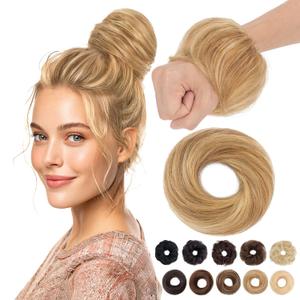 MY-LADY Messy Bun Hair Pieces Human Hair for Women Real Hairpiece Straight Scrunchies Tousled Updo Donut Chignon Ponytail Extension Light Brown & Bleach Blonde