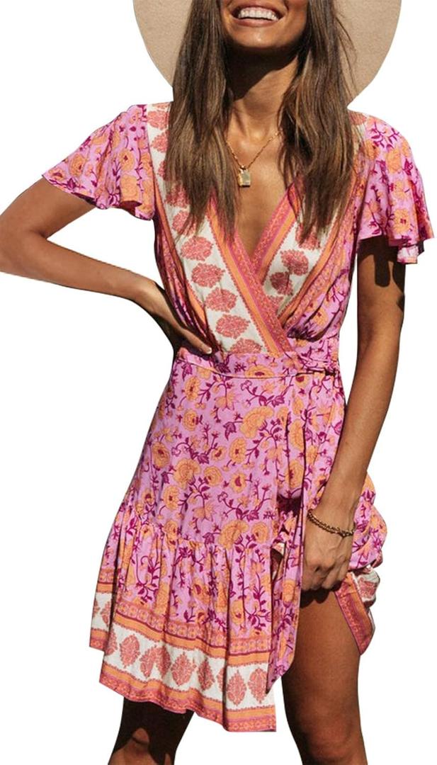 ZESICA Women's Summer Wrap V Neck Bohemian Floral Print Ruffle Swing A Line Beach Mini Dress (Large, Pinkpurple)