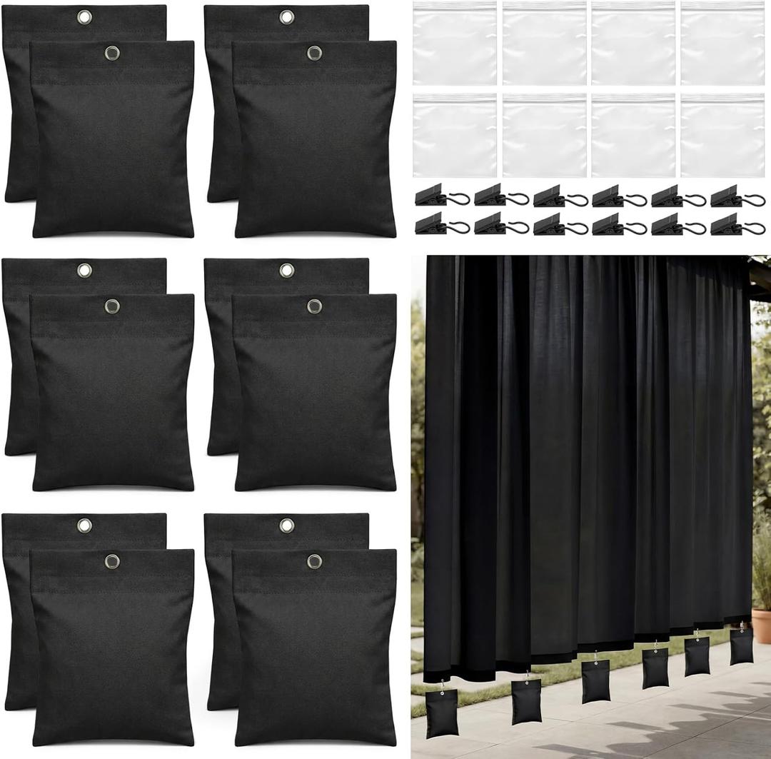 Relaxweex 12 Pack Curtain Weights, 16oz Outdoor Curtain Weighted Bag, Drapery Weighted Bottom Gazebo Weights Sandbag with Holder Clip for Drapes Cabana Gazebo Pergola Garden (Black)