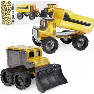 Learn & Grow Mega Movers - Jumbo Magnetic Tiles Construction Trucks X2 Dump Truck & Bulldozer Vehicles, Moveable Wheels - Durable STEM Toy, Kids Ages 3+, Compatible with Other Tiles - Limited Edition