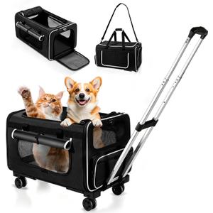 Large Pet Carrier with Detachable Wheels, 2 IN1 Foldable Soft-Sided Carriers- Designed for Dogs & Cats, Telescopic Handle, for Outdoor Car Indoor, Max. 44 LBS(Not for Airline)