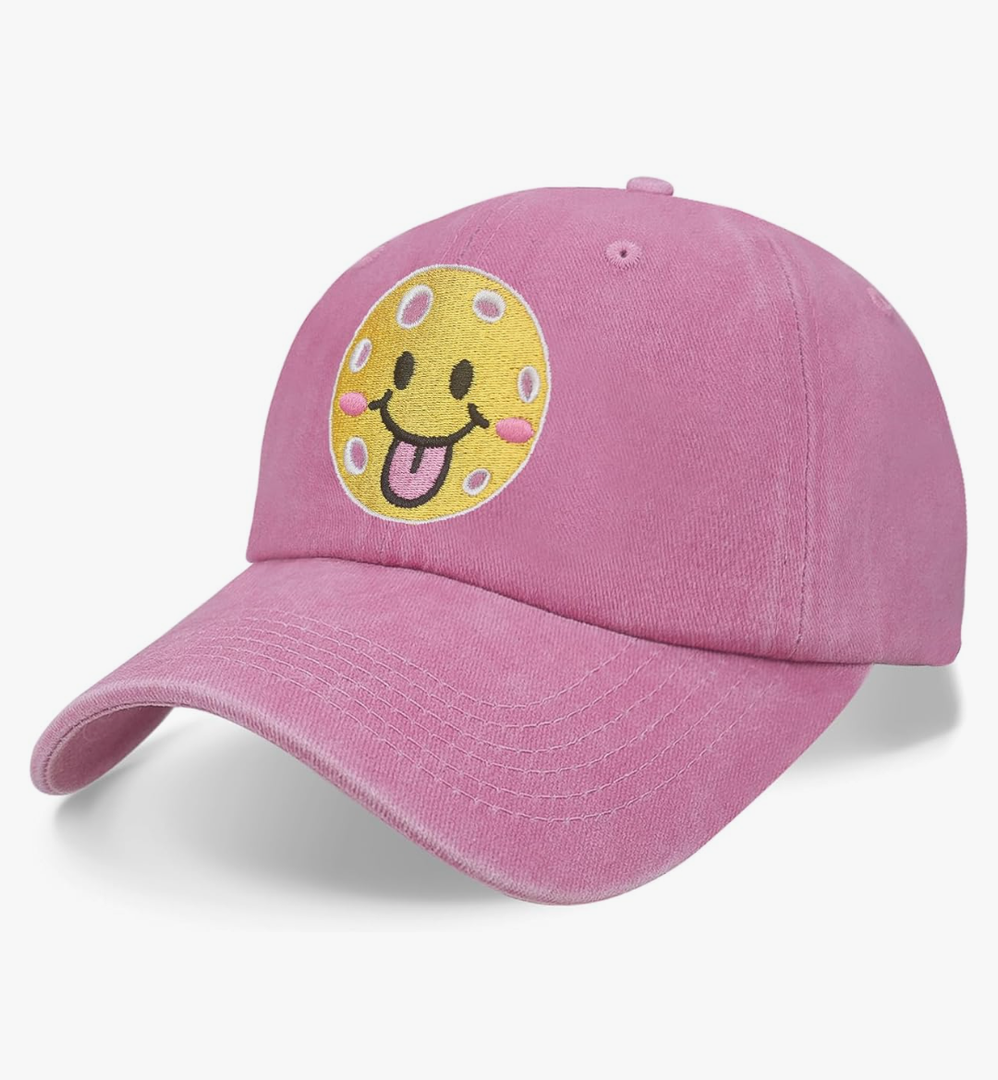 Pickleball Hat for Women Men, Adjustable Embroidered Cotton Smiley Face Washed and Distressed Baseball Cap Pink
