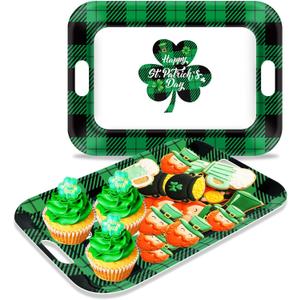 gisgfim 2Pcs St. Patrick's Day Serving Trays with Handle 16 x 11 Inch Large Melamine Rectangular Buffalo Plaid Serving Platter Tray Lucky Shamrock Melamine Dishes for Serving Food Outdoor Party