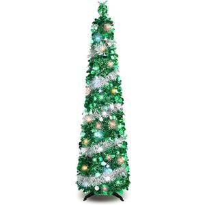 5FT Pop Up Christmas Tree with 90 LED Lights, Collapsible Artificial Pencil Christmas Tree, Tinsel Skinny Christmas Trees for Home Apartment Porch Indoor Outdoor Holiday Decorations (Silver Green-5ft)