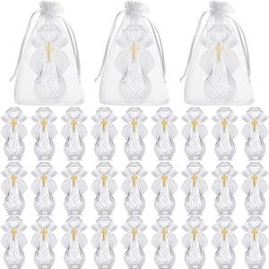 Chuangdi 30 Set Holy Catholic Water Bottles Bulk 50ml Christian Water Container Empty Glass Bottle with Cross Lapel Pin Organza Bag Ribbon Bow for Holy Communion Church Baptism Party Favor (Vintage)