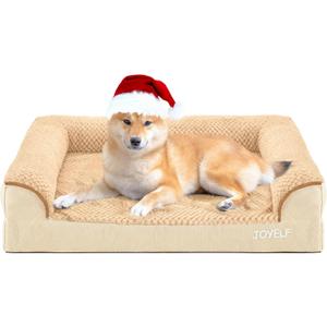 JOYELF Orthopedic Dog Bed for Medium Dogs, U-Shaped Foam Dog Bed, Durable Waterproof Bolster with Removable Washable Cover and Non Slip Bottom for Small Medium Dogs (khaki)