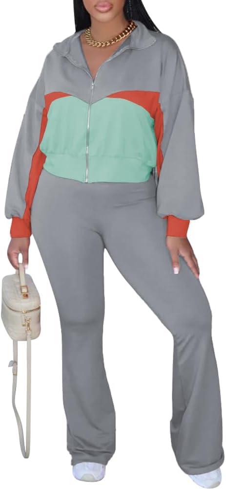 HBQ Women's Color Block 2 Piece Tracksuit Sets Long Sleeve Zip Up Crop Jacket and Flare Pants Casual Y2K Outfit