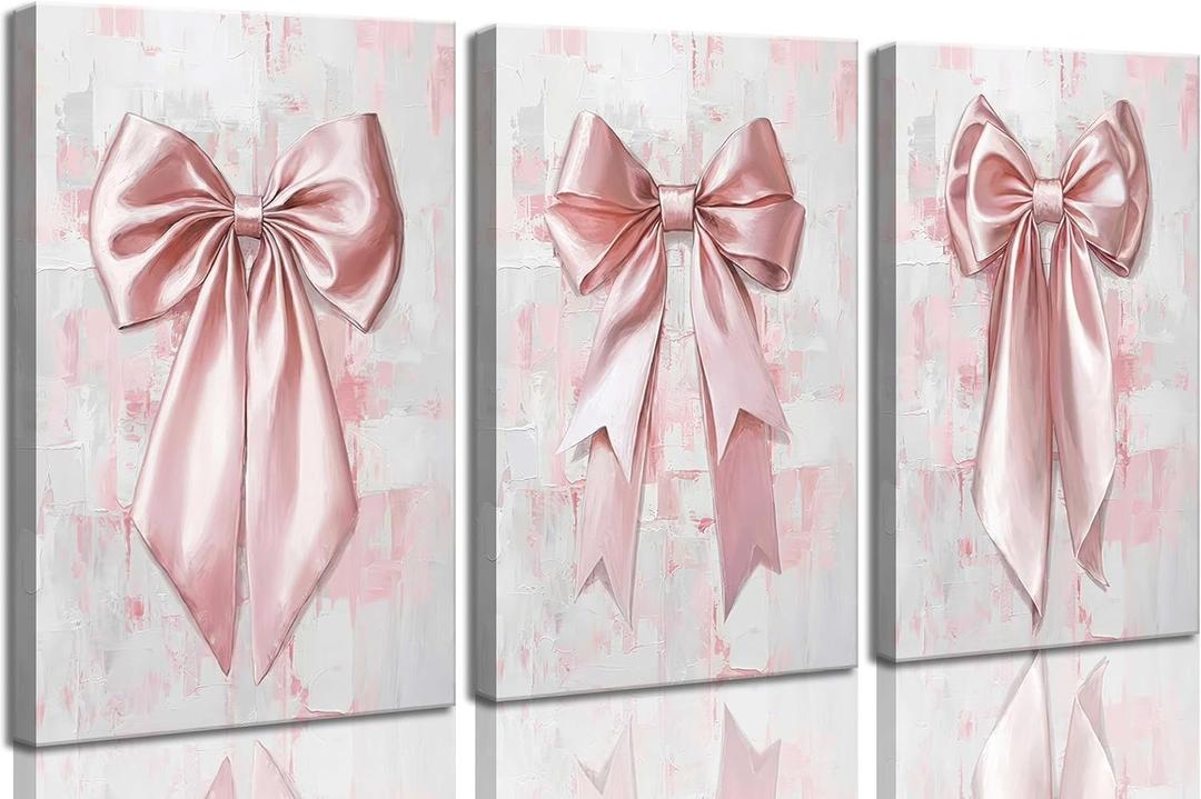 3Pcs Pink Bow Canvas Wall Art Trendy Coquette Preppy Bow Aesthetic Paintings Pictures Wall Decor Poster Print Artwork for Girls Room Bedroom Dorm Home Decoration (16"L x 12"W)